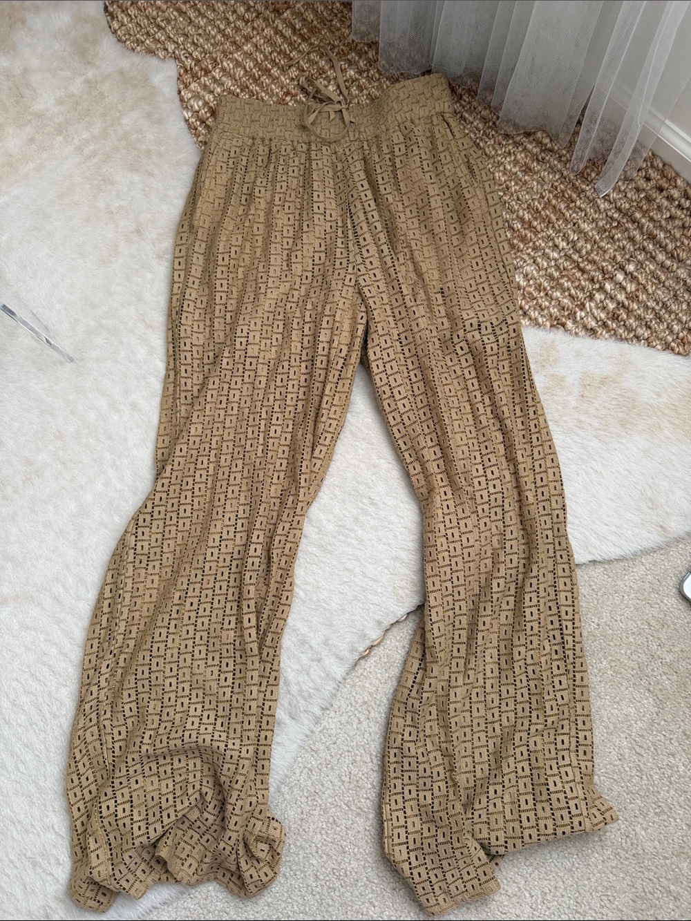 Express Crochet High Waisted Pull On Drawstring Wide Leg Pant